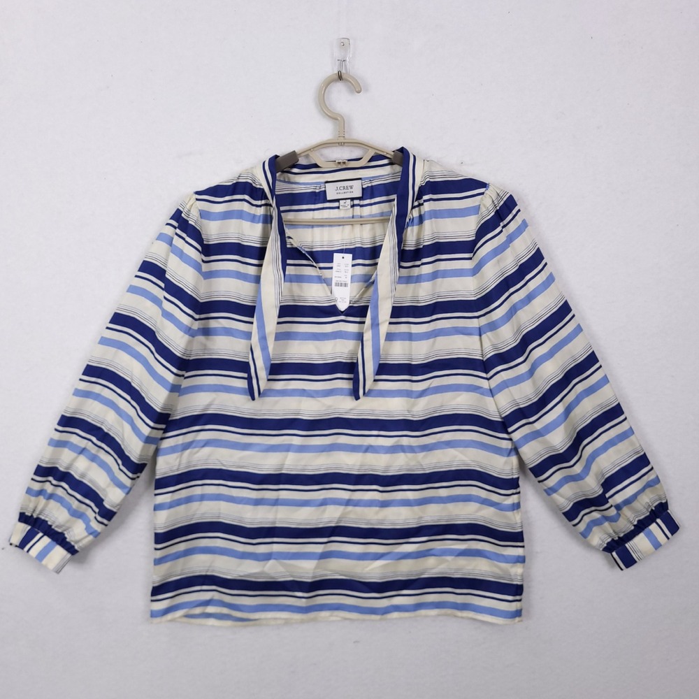 J.Crew Collection Silk Tie Neck Blouse Womens M Blue Striped‎ NEW